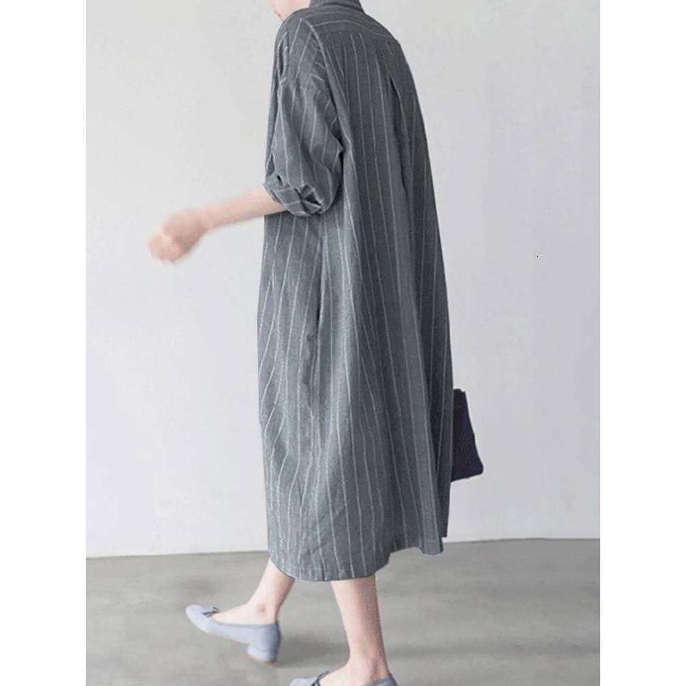 Autumn ZANZEA Elegant Shirt Dress Women Lapel Neck Long Sleeve Stripe Sundress Work Vestidos Robe Femme Holiday Kaftan XJ260130