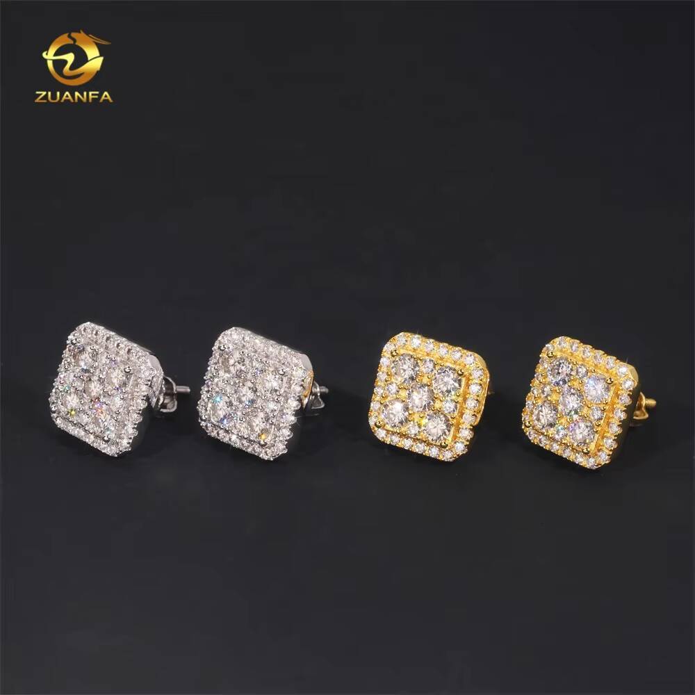 Hip Hop Luxury High Quality VVS Diamond Square Iced Out Mens 925 Silver Moissanite Earrings