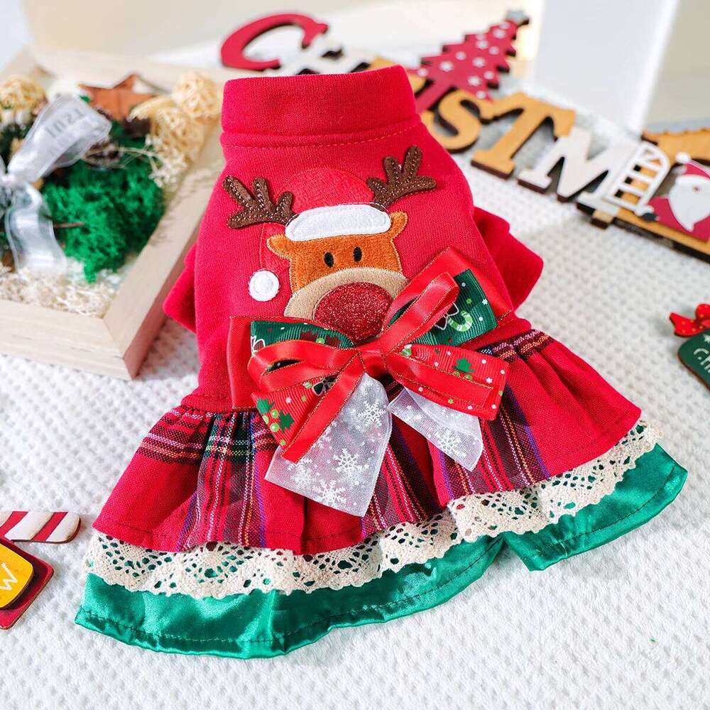 Pet Clothes Snowflake Elk Dress Red Winter Thickened Clothing Christmas Costume with Bow Decoration H260129