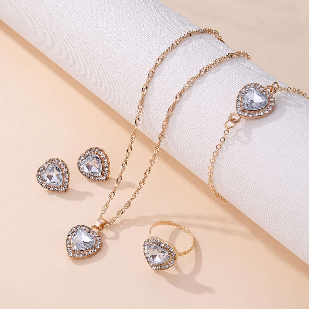 jewelry woman designer European and American Heart Jewelry Set Cross-Border Fashion Inlaid Heart-Shaped Zircon Pendant Necklace Bracelet Earrings Ring