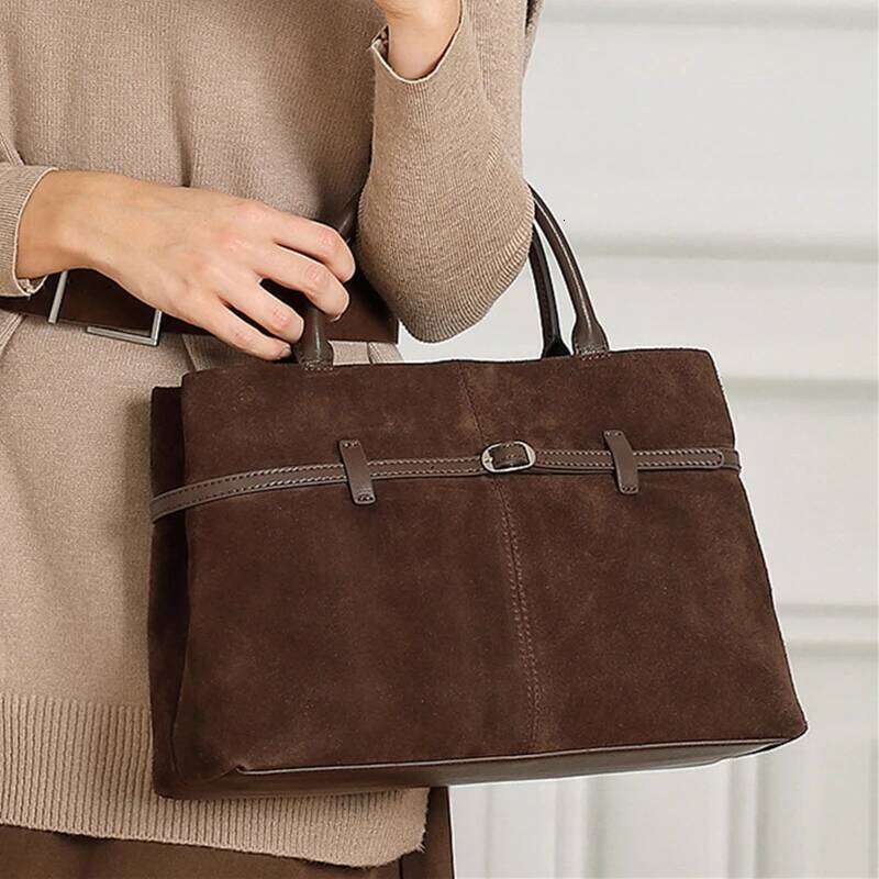 Burminsa Suede Cowhide Genuine Leather Tote Handbags For Women 2026 Luxury Designer Matte Work Ladies Shoulder Crossbody Bags