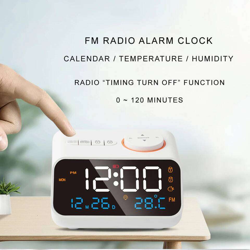 Mordern FM Radio LED Alarm Clock for Bedside Wake Up. Digital Table Calendar with Temperature Thermometer Humidity Hygrometer. W260130