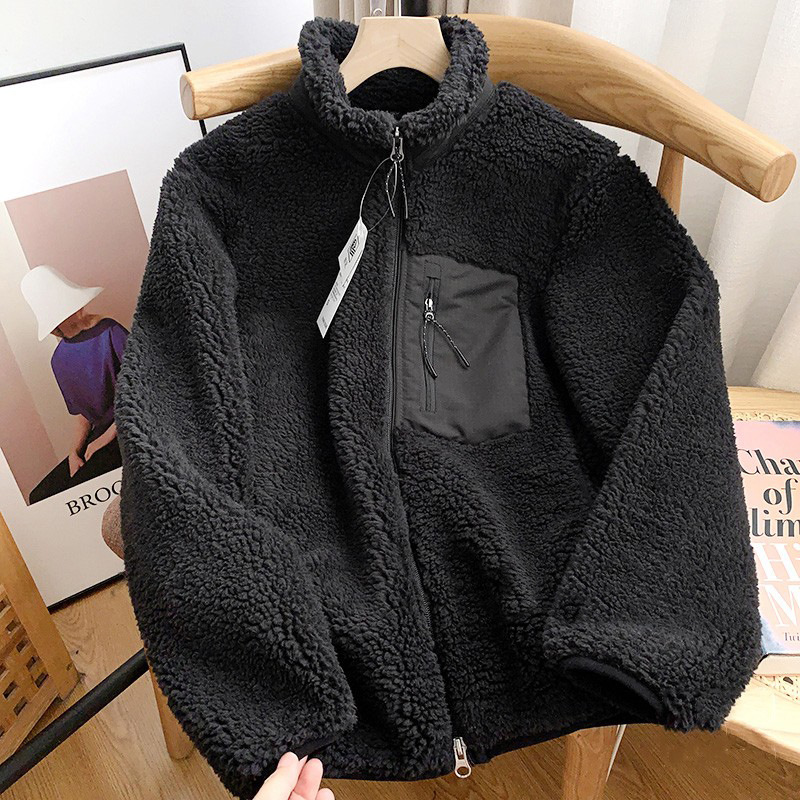 Japanese Style Unisex Fleece Jacket Winter Thickened Warm Stand Collar Sherpa Coat for Men Women Loose Fit Outdoor Zipper Jacket