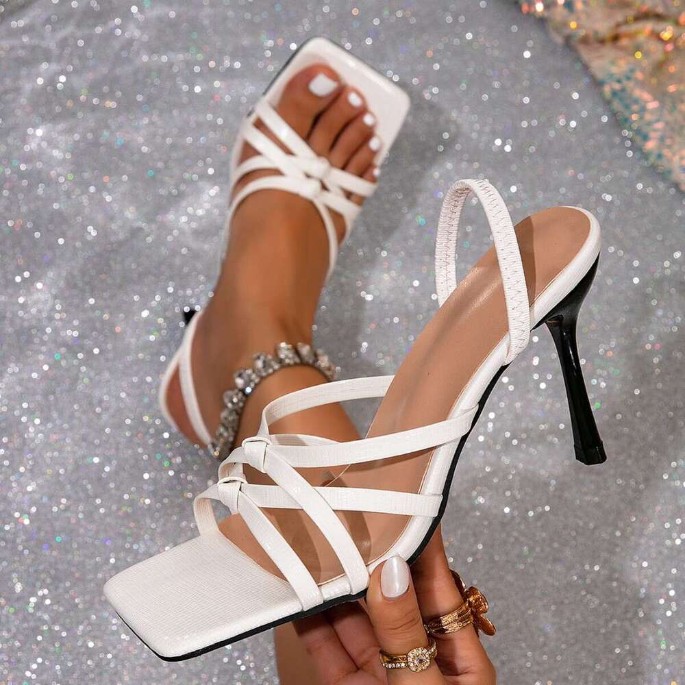 2026 Foreign Trade Women's Square Toe White Cross Strap Thin Elegant Design Shoe Commuting High Heel Sandals