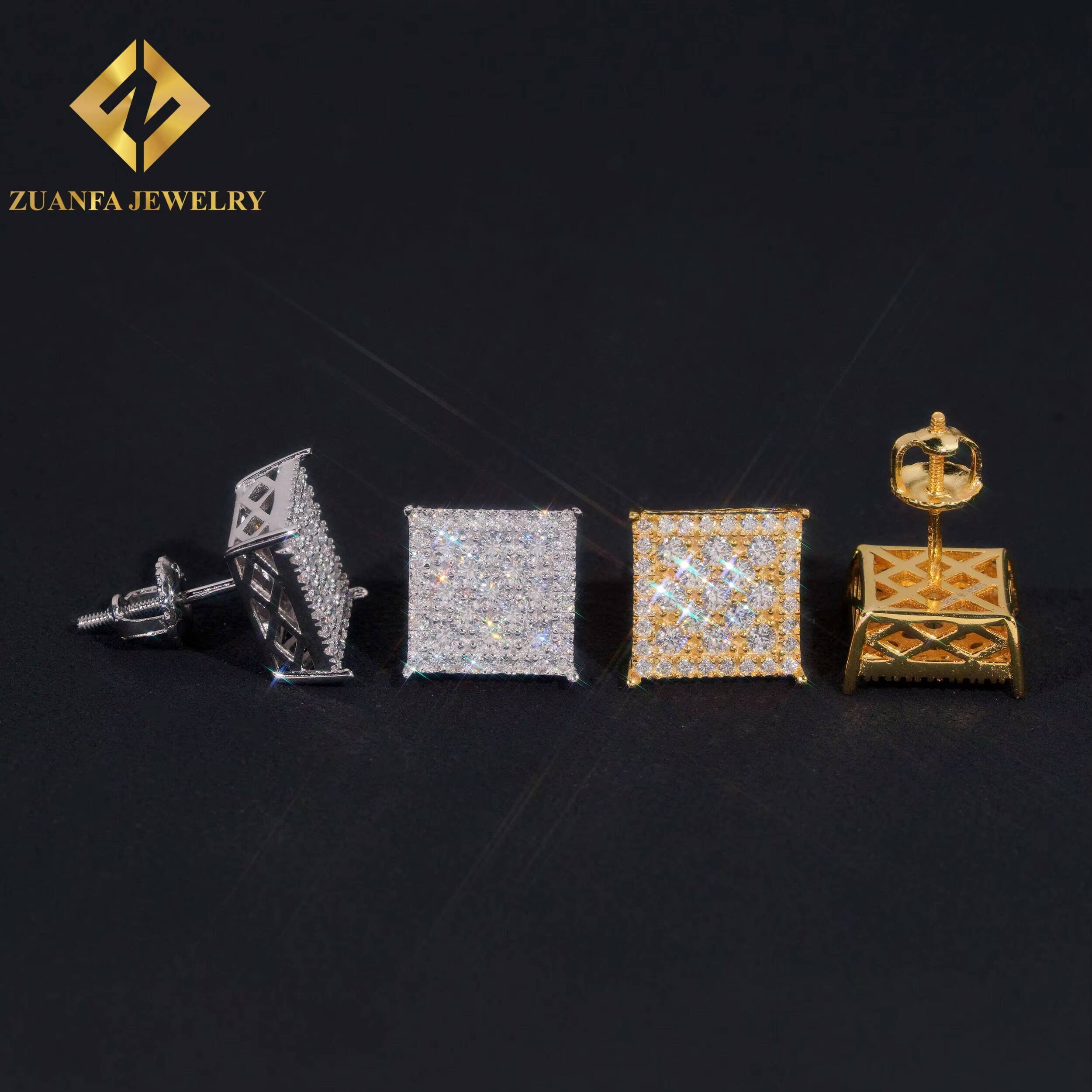 Square Iced Out Stud Earrings 925 Sterling Silver VVS Moissanite Earring Gold and Silver Stud Earring