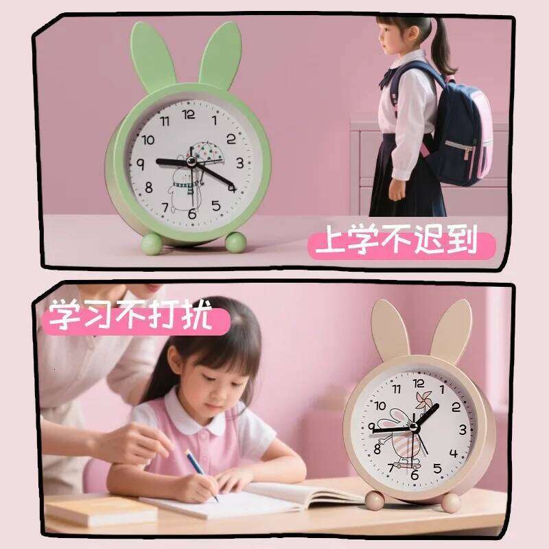 Korean Cute Cartoon Rabbit Ear Creative Metal Alarm Watch Children's Wake-up Clock Bedroom Quiet Bedside Ornaments W260130