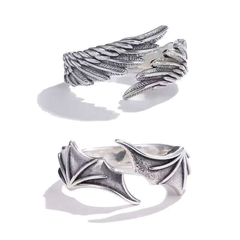 2pcs/pack Vintage Angel Wing Demon Eye Hip Hop Adjustable Couples Rings for Men Women Retro Silver Color Jewelry New XJ260130