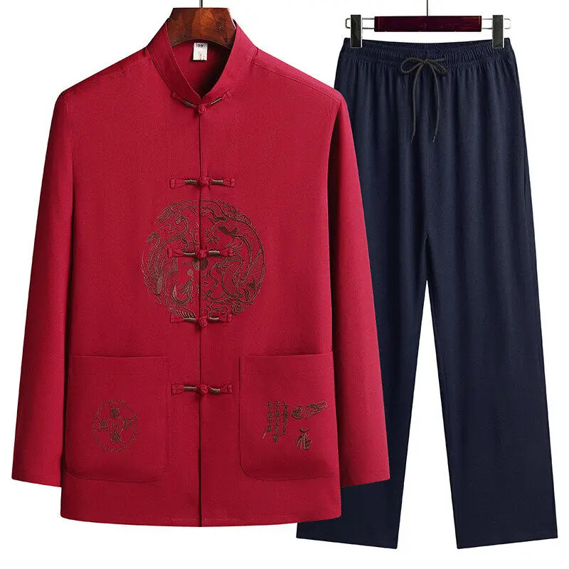 Male printing Chinese style long sleeves shirts trouser 100 Cotton Silk fabric Sportswear Mens Casual Sets Shirts Pants260130