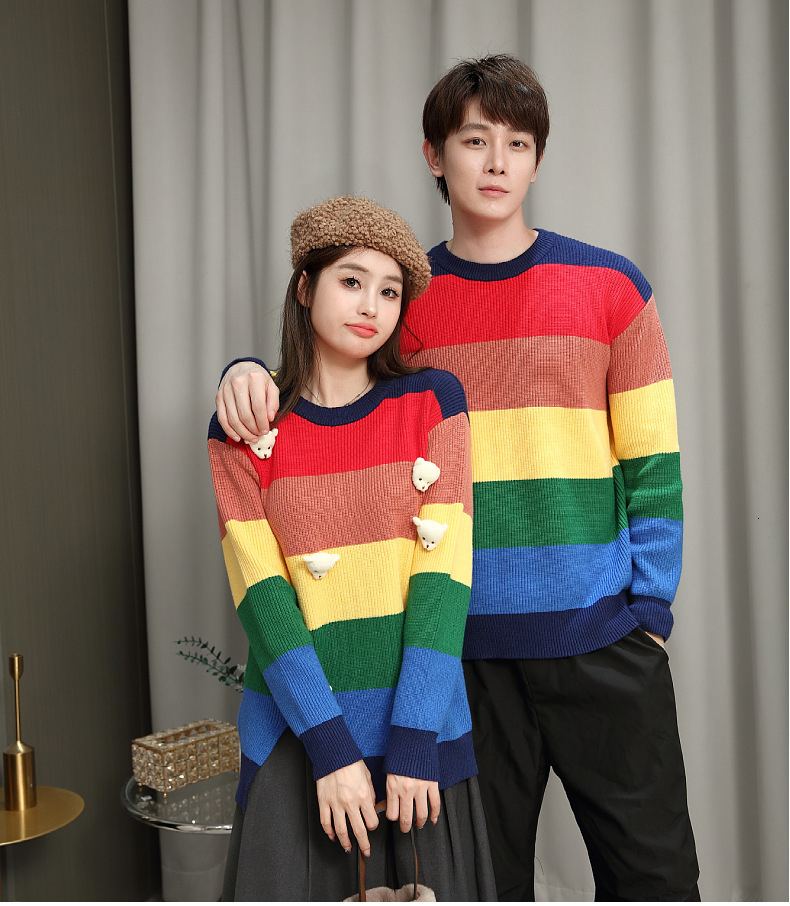 Autumn Rainbow Striped Knitted Sweater for Men Loose Hip Hop Crewneck Knitwear Pull Homme Casual Christmas Jumpers Clothes 240731