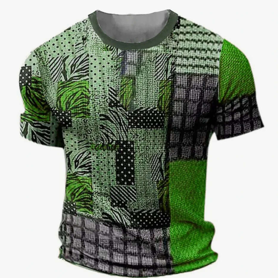 Men's T-shirt Retro Patchwork Print Short Sleeve Mixed Checkered And Animal Patterns Relaxed Crew Neck Fit Daily Outfit