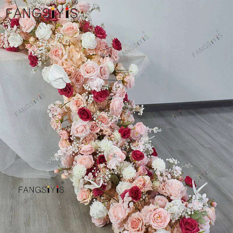 Brand-new Pink Rose Hydrangea Flower Row Runner Artificial Flowers Wedding Backdrop Decor Floral Wall Party Prop Window Display Y260130