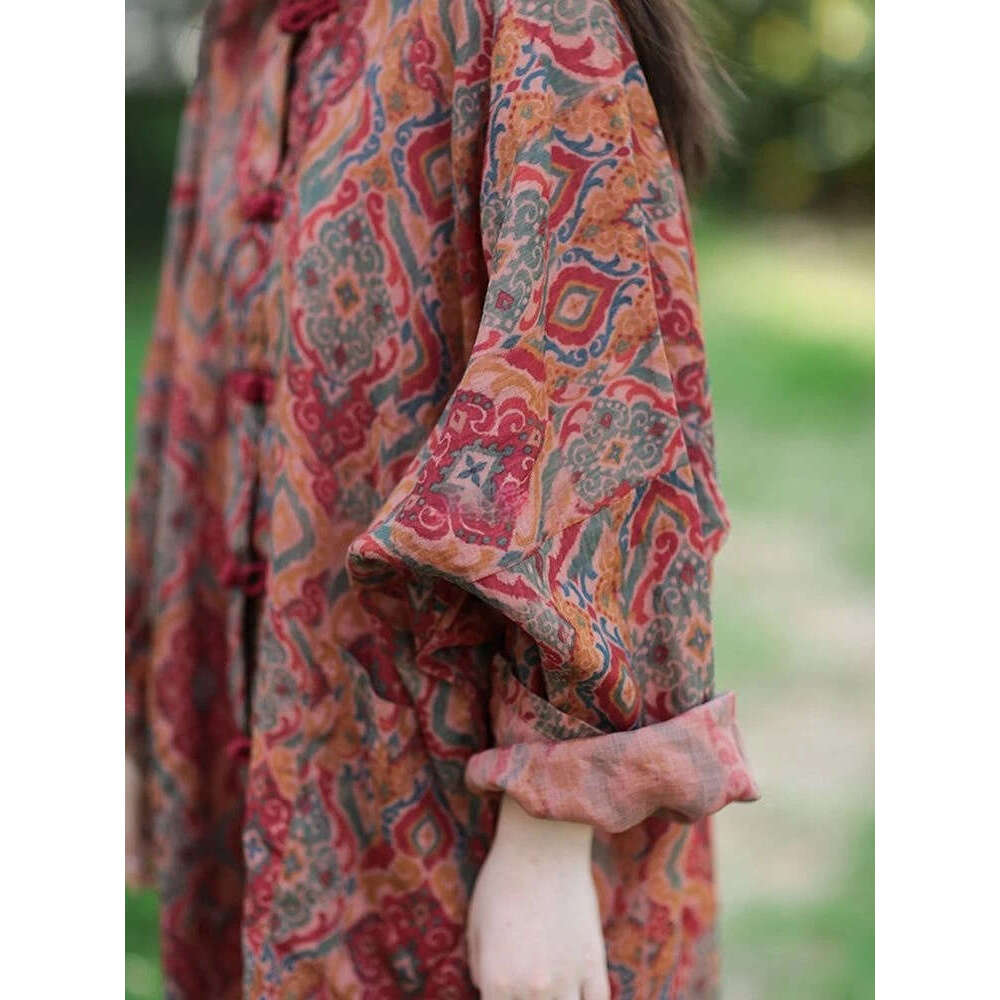 Mardi Hefxessdr cotton linen women printing tang suit chinese style loose national stand collar long sleeve cheongsam button retro top coat