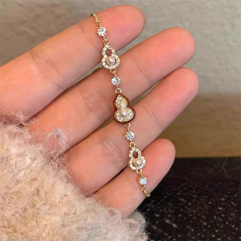 18K Real Gold Plated Zircon Pearl Gourd New Chinese Style Retro Bracelet Light Luxury High-End Jewelry
