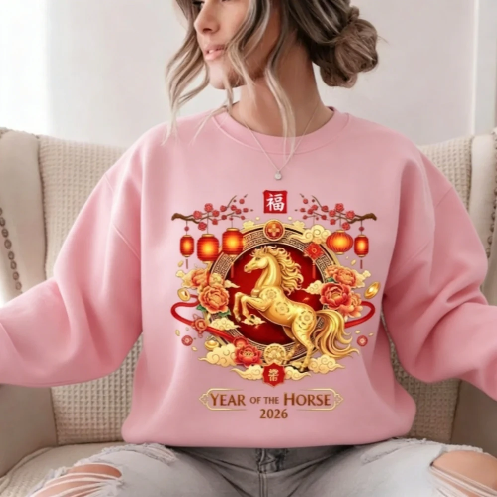 2026 Year of The Horse Women Unisex Sweatshirt Chinese New Year Sweater Chinese Horse Sweatshirt Winter Warm Pullover Clothes