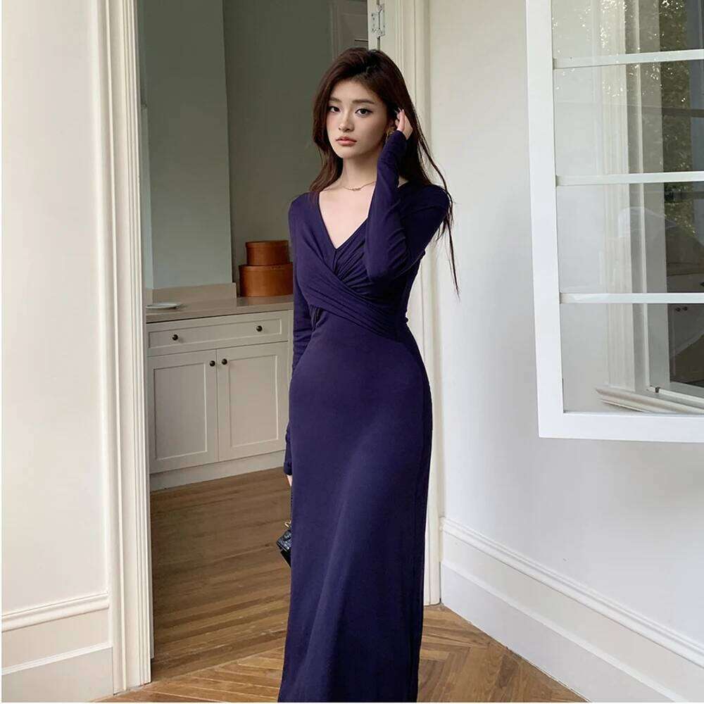 Autumn New French Chic Cross V-neck Elegant Evening Women's Designed Long-sleeve Fitted Base Layer Long Dress Office Lady XJ260130