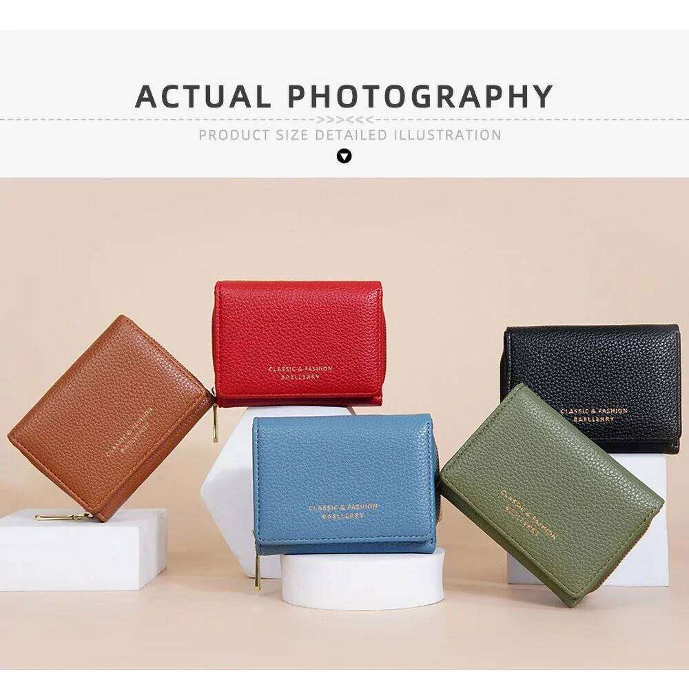 Premium Short Tri-Fold Wallet for Women - Slim Lychee Pattern Leather with Coin Pocket, 6 Card Slots Z260130