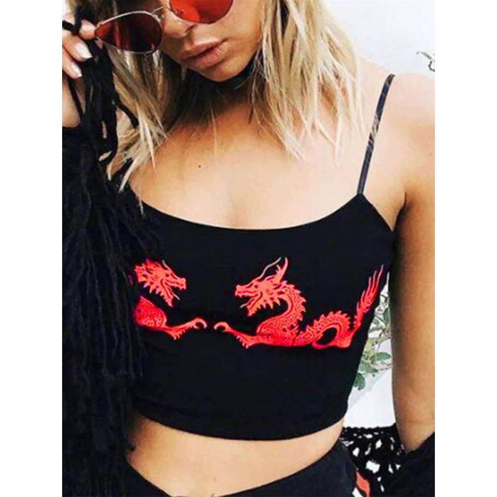 Fashion 2026 Women Casual Dragon Pattern Crop Tops Summer Cropped Sexy Tight Attractive Fitness Polyester U Neck Fashion Sleeveless Straps Designer
