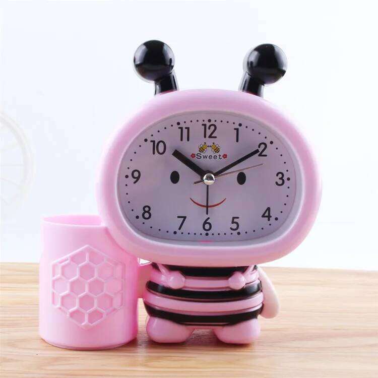 Bee Pen Holder Small Alarm Clock Watch 1*AA Powered Clocks Table Decor W260130