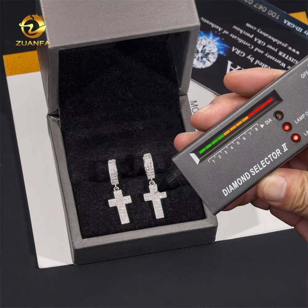 New Fashion Hip Hop Jewelry 925 Silver Iced Out Hoop Cross Drop Moissanite Diamond Earrings for Men