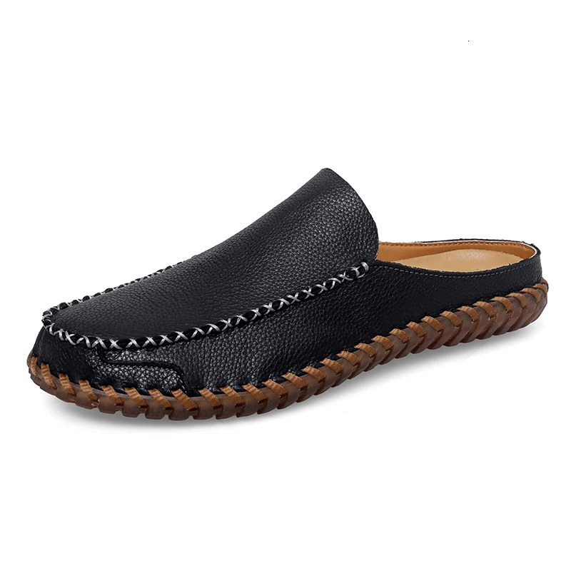 Men Slippers Genuine Leather Loafers Moccasins Outdoor Non-slip Black Casual Slides Summer Spring Fashion Shoes Plus Size 38 260124