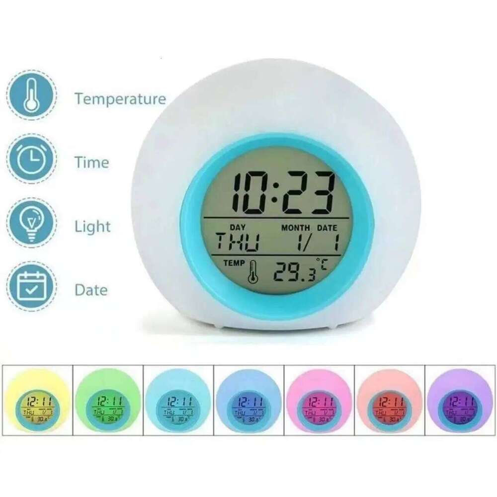 Creative 7 Colorful Round LED Light Clocks Time Date Display Temperature Detection Multi Functional Circular Alarm Clock W260130
