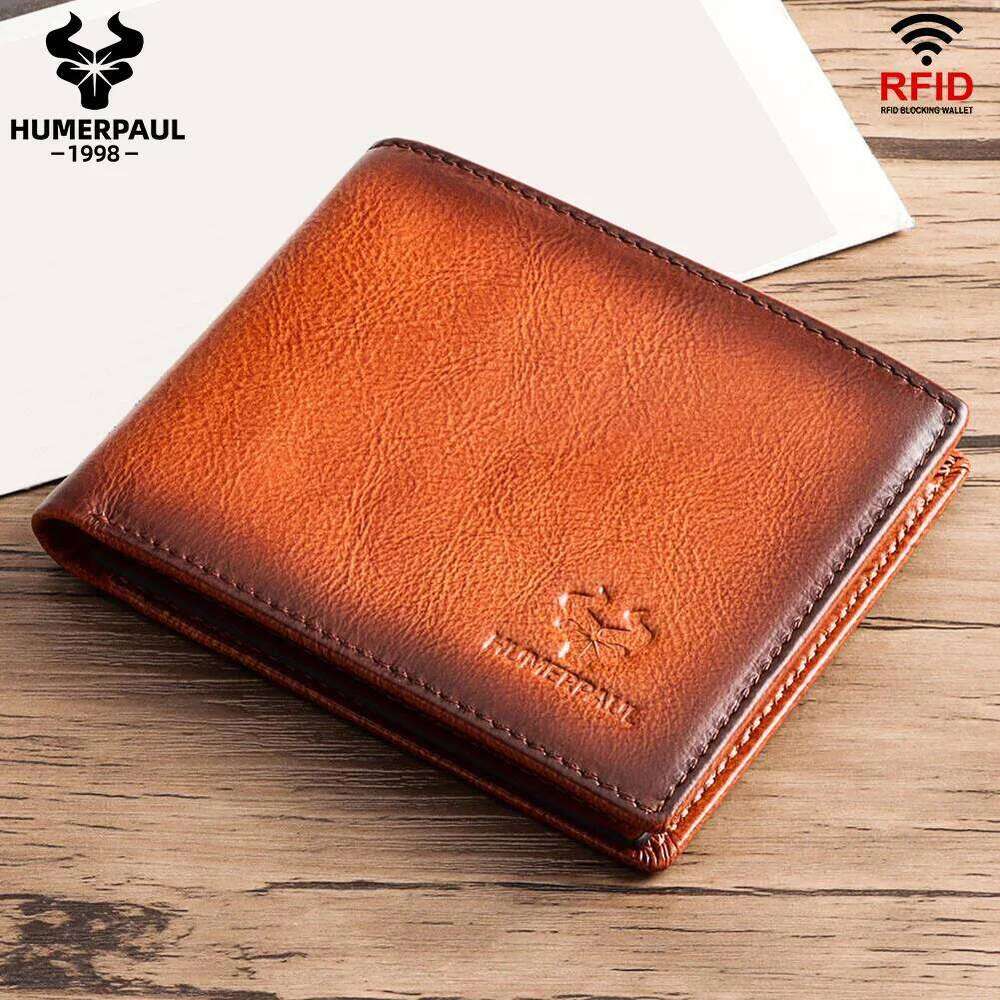 HUMERPAUL Wallet for Men Genuine Leather RFID Blocking Bifold Stylish Card Holder Purse with ID Window Classic Male Money Bag Z260130