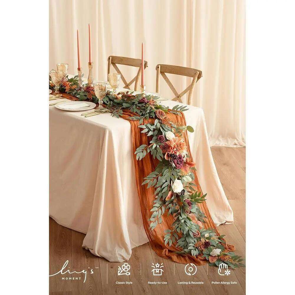 6FT Burnt Orange Eucalyptus & Rose Artificial Floral Garland for Wedding Sweetheart Table, Fall Mantle Decor, Christmas Y260130