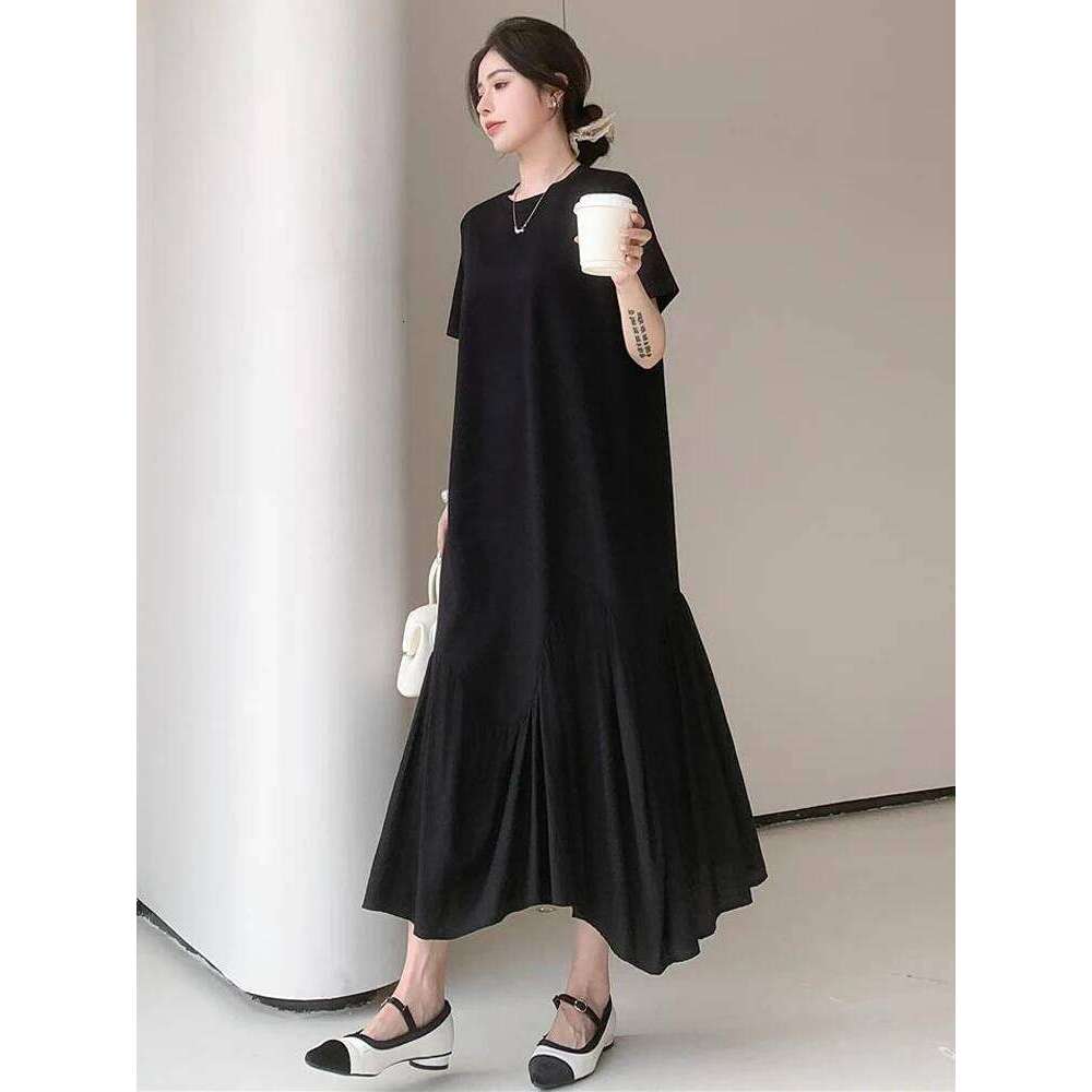 NYFS 2025 Summer New Korea Irregular Woman Vestidos Robe Elbise Loose Plus Size Patchwork Short Sleeve Long Dress XJ260130