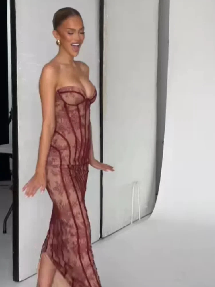 Chic Gauze Fishbone Strapless Dress Women Backless Offshoulder Waist Cinching Slim Maxi Vestidos 2026 Lady Evening Party Gowns 260127