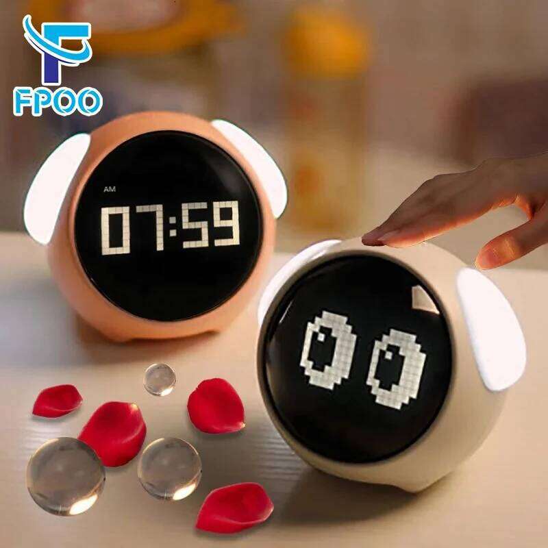 Kids Digital with Cute Expression Snooze Feature Voice Control LED Light Child-Friendly Intelligence Alarm Clock W260130