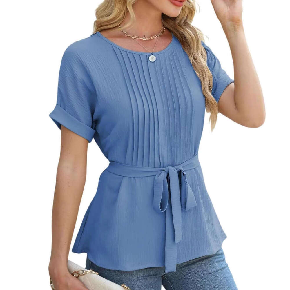 Spring Summer New Casual Shirt With Ruffled Pleats Round Neck Short Sleeve Top Fashion Women LEEGO LENS