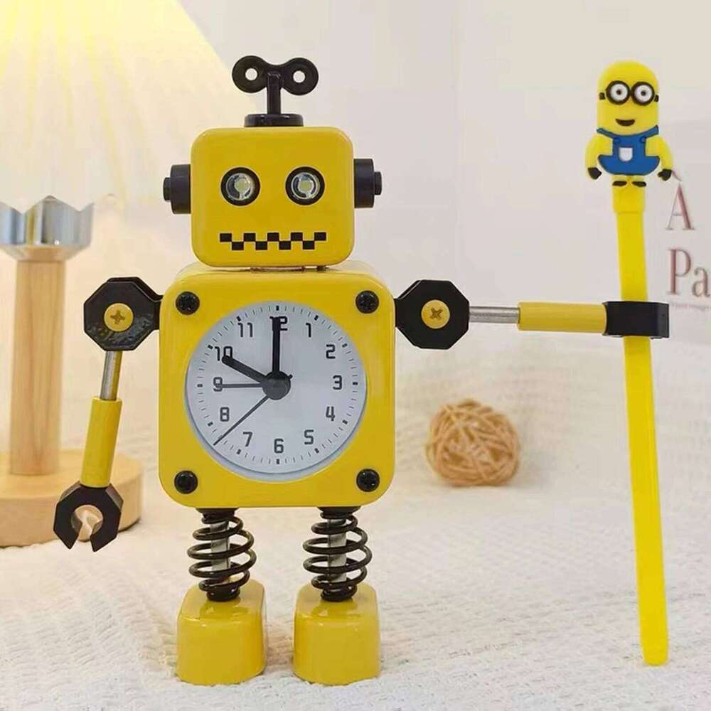 Robot Alarm Clock, Non-Ticking Wake-up Clock with Flashing Eye Lights and Rotating Arm, Gift Kids, Funny Decoration for Desk W260130
