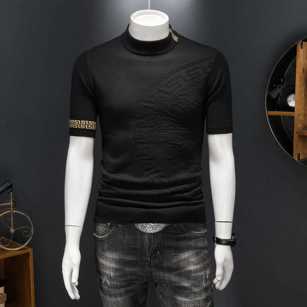 New Arrivals Autumn Winter Men's Wool Sweater Round Neck Half Embroidered Knitwear Base Shirt Youth Short Sleeve Men