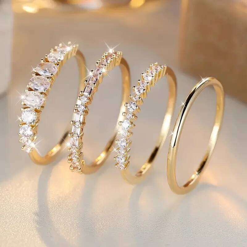 Exquisite Shining Inlaid Zirconia Geometric Ring 4 Pieces / Set of Women's Fashion Light Luxury Temperament Party Jewelry Gifts XJ260130
