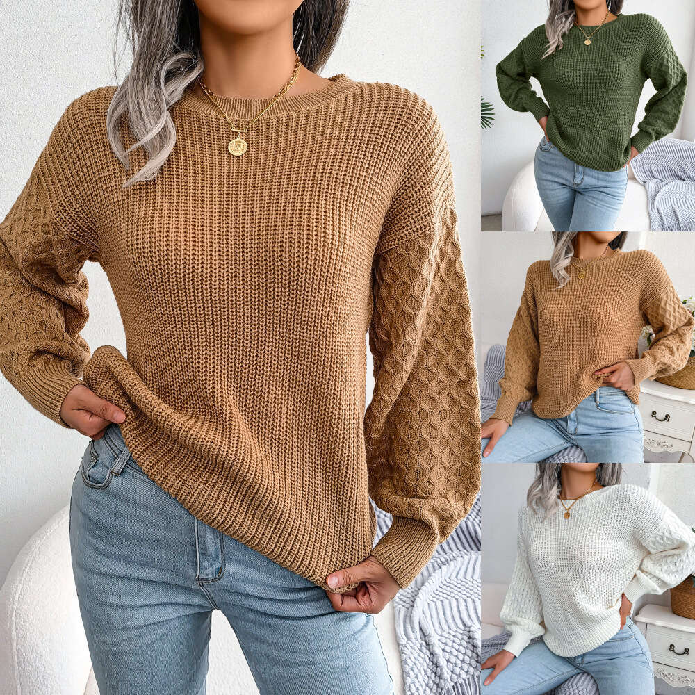 2025 Autumn Winter European and American Style Casual Lantern Long Sleeve Knitted Sweater Independent Station Amazon Cross-Border Women's Fashion