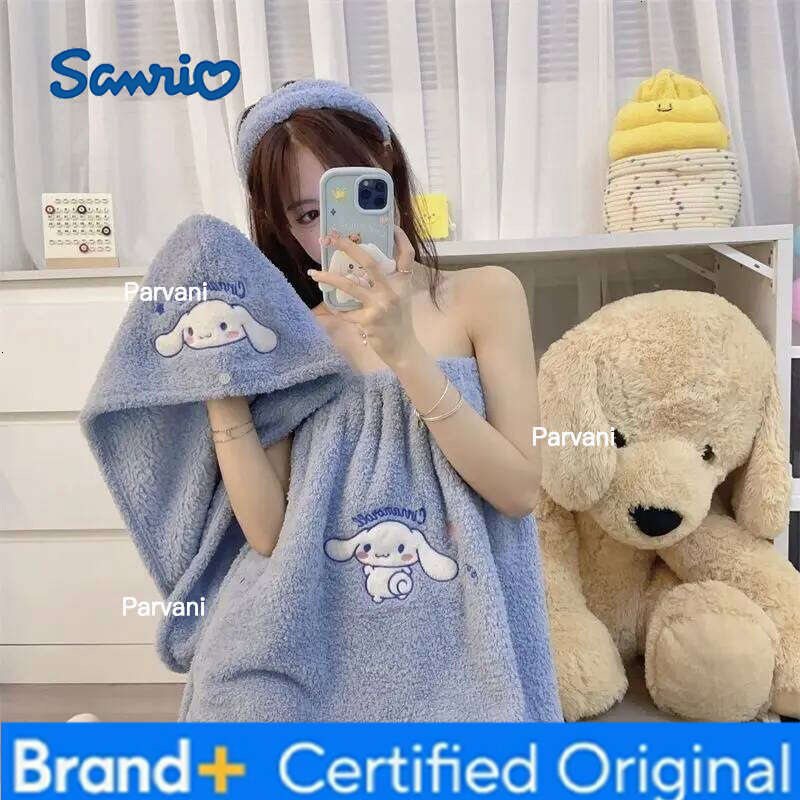 Sanrio Autumn Winter Cartoon Bathrobe Girl Hair Drying Hairband Coral Fleece Thicken Wearable Towel Take A Bath Tube Dress H260130