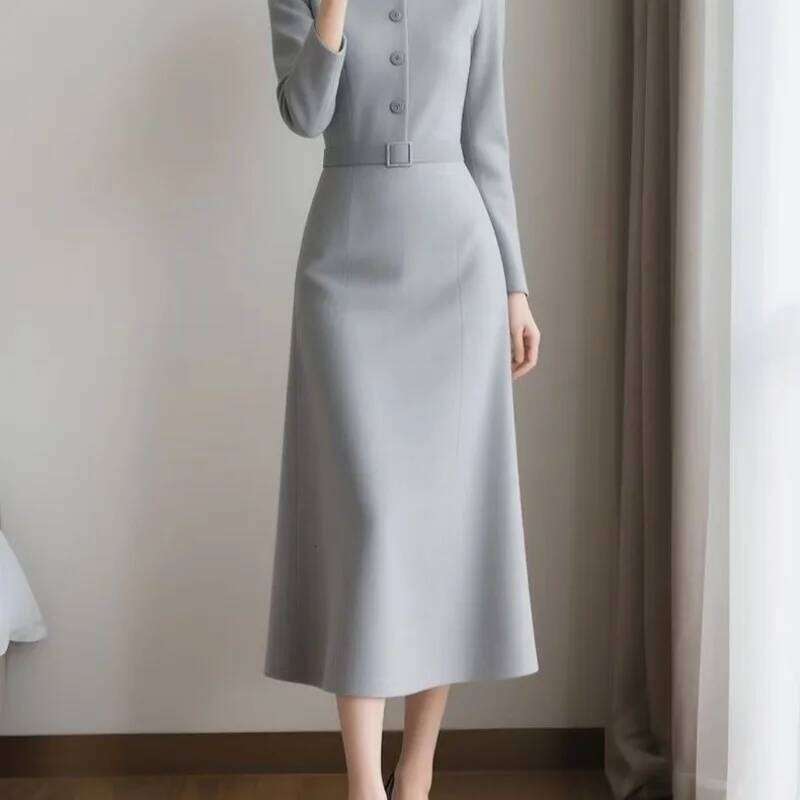 New Elegant Simple Dress Women Autumn Fashion O-Neck Sleeve Slim A-line Long Drsss Casual Office Lady Beautiful Dresses XJ260130