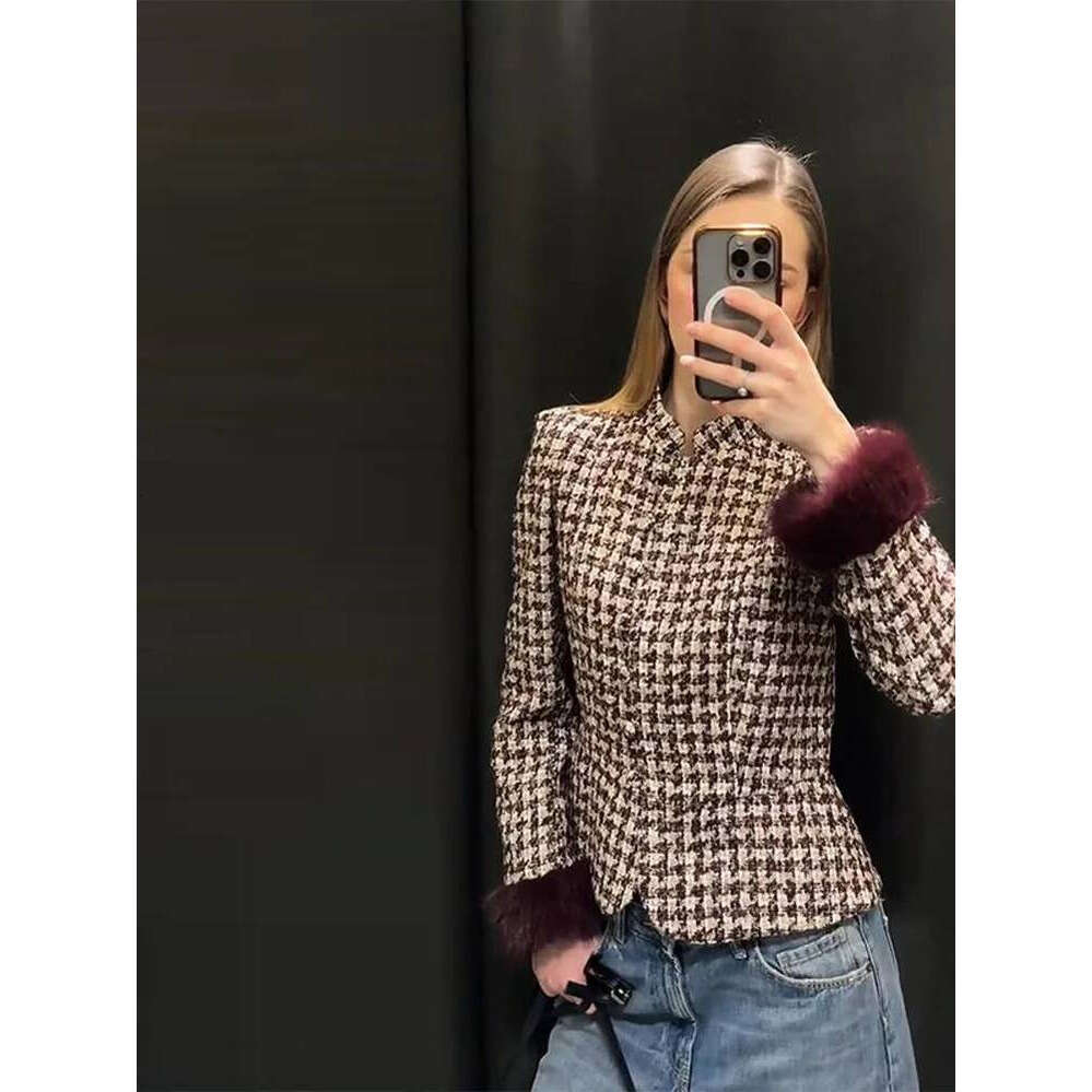 ZHE HAN Fashion Women Stand Collar Tweed Jacket Elegant Long Sleeve Faux Fur Cuffs Coat 2026 Spring New Single Breasted Outerwear Street