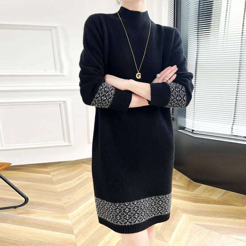 100% Merino Wool Fashion Color-Blocked Knit Half-Turtleneck Sweater Cashmere Long Sleeves Leisure Soft Warm Women's Clothing Top XJ260130