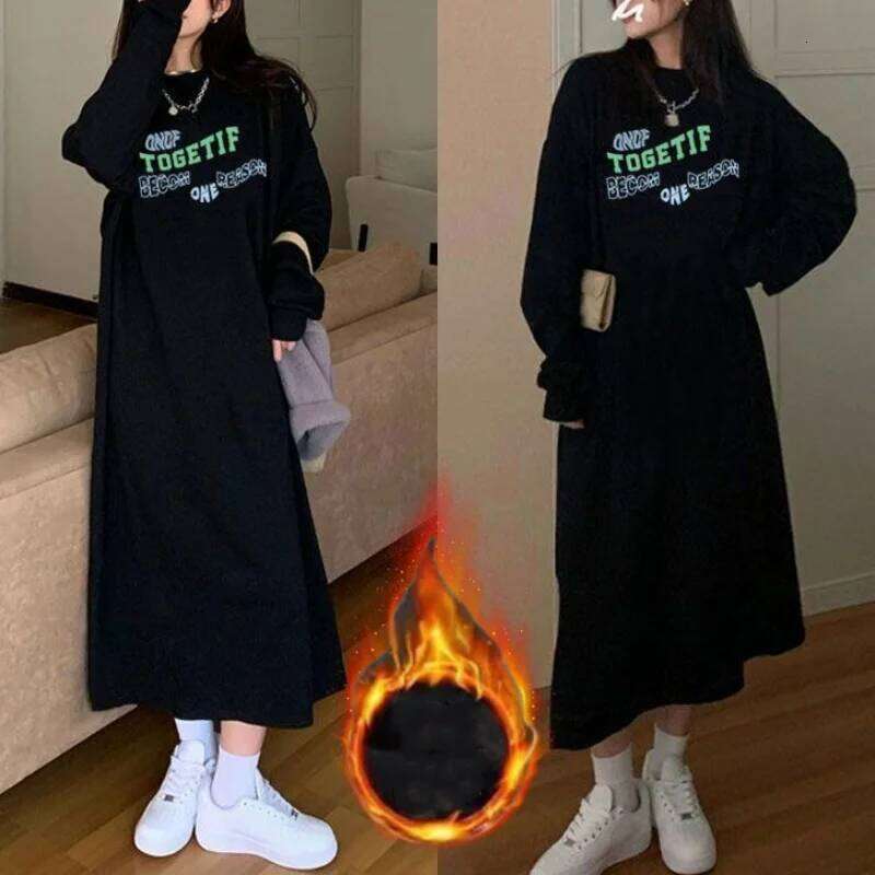 Korean Fashion Autumn Winter Long Knee Length Dress Women's Round Neck Printed Letters Patchwork Loose Fleece Thick Warm Dresses XJ260130