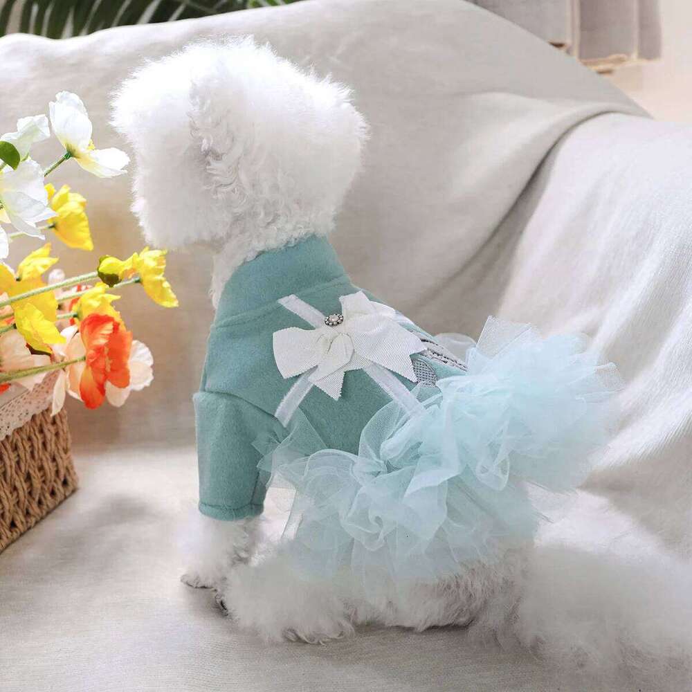 1PC Pet Clothes Dog Cat Autumn Thickened Warm Lake Blue Bow Open Mesh Dress H260130