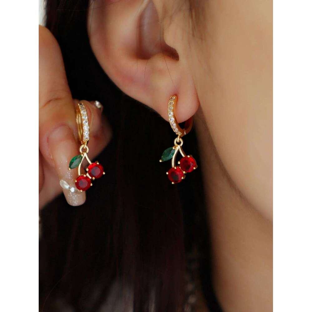 Cherry Huggie Earrings CZ Colored Gemstone Inlaid, Dainty Fruit - Shaped Jewelry for Women, Daily & Party Wear