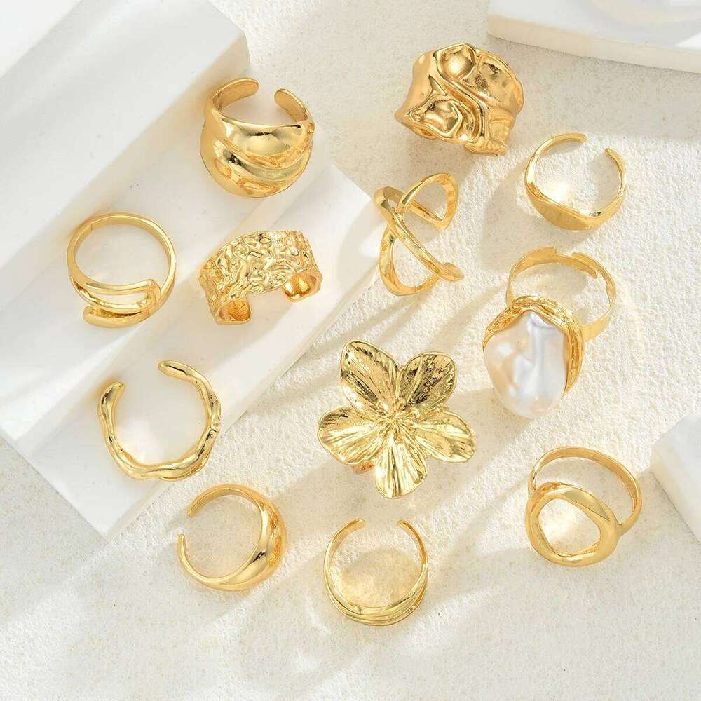 12 Pcs Irregular Gold Color Flower Opening Set for Women Bohemian Imitation Pearl Geometric Rings Holiday Jewelry Gift New XJ260130
