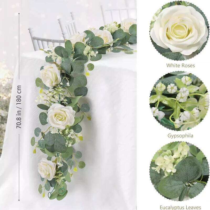 180cm Artificial Eucalyptus Garland with White Flowers for Home Festival Wall Hanging Garden Wedding Backdrop Arch Party Decor W260130