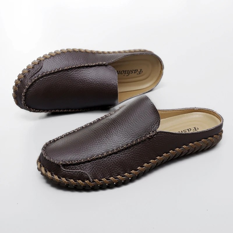 Men Slippers Genuine Leather Loafers Moccasins Outdoor Non-slip Black Casual Slides Summer Spring Fashion Shoes Plus Size 38 260124