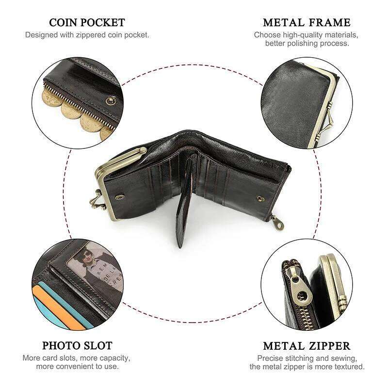 Contact'S Genuine Leather Wallet Women Small Metal Frame Purse Ladies Hasp and Zipper Coin Pocket Credit Card Holder Z260130