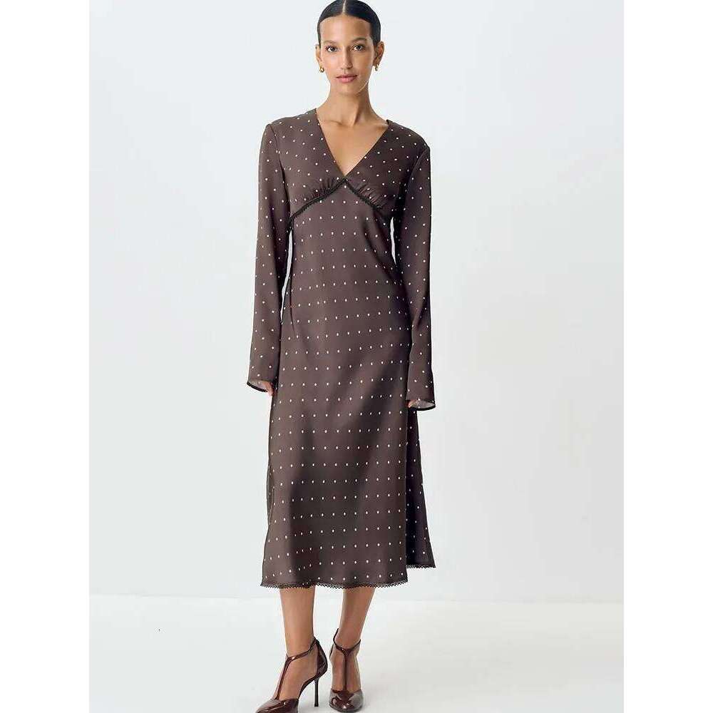 JULISSA MO Sexy V-neck Printed Polka Dot Women Maxi Coffee Long Sleeve Patchwork Lace Dress Autumn Slim Elegant Streetwear XJ260130