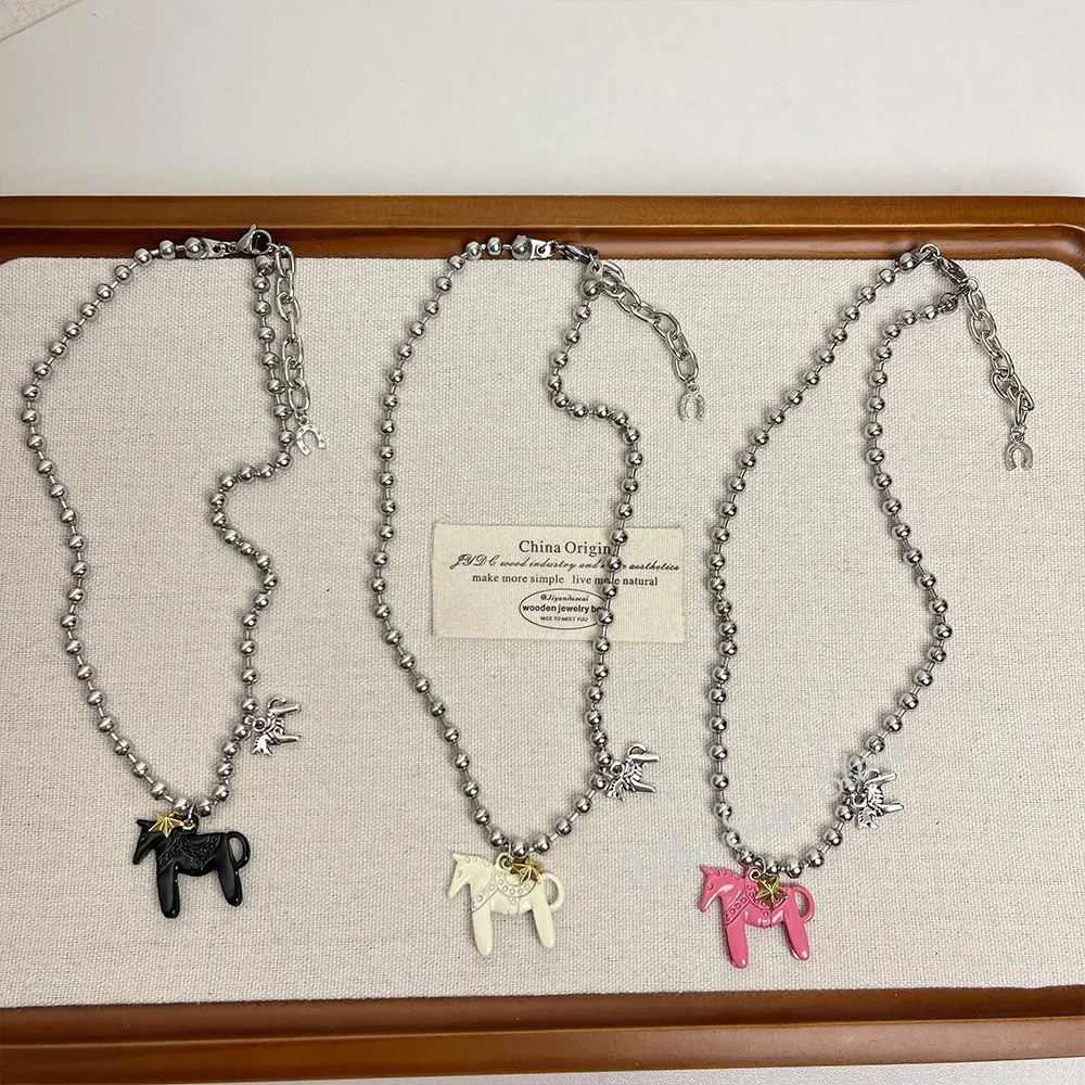Minar Funny White Black Rose Red Color Enamel Colt Horse Pendant Necklaces For Women Silver Plated Alloy Beads Chain Chokers