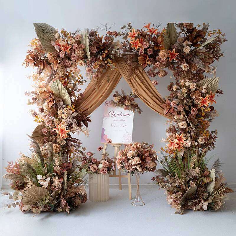 Luxury Brown Artificial Row Wedding Arch Deco Rose Hang Corner Floral Backdrop Decor Floor Flower Event Party Props Y260130