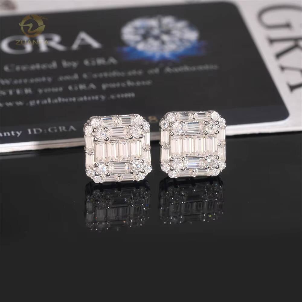 Luxury Baguette Diamond Iced Out Jewelry Gold Plated Hip Hop Moissanite 925 Silver Stud Earrings